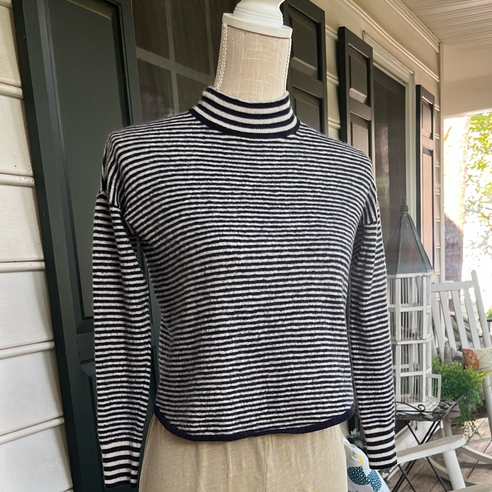 Madewell Crop MockTurtleneck Sweater Top, Navy Stripe, XXS, L/S, Fall, EUC